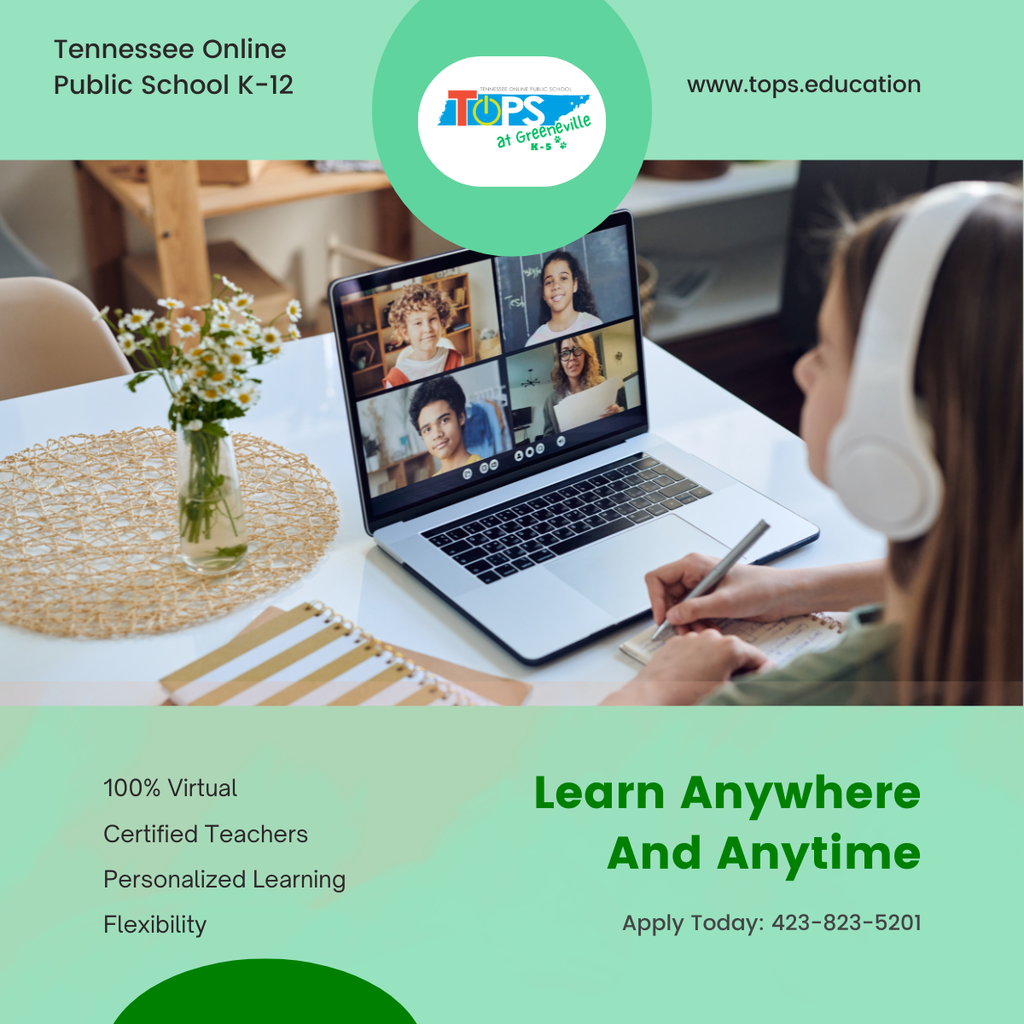 A clear promotional image for Tennessee Online Public School K-12. It highlights the school's features: 100% virtual learning, certified teachers, personalized learning, and flexibility. The image encourages potential students to apply today, providing a contact phone number.