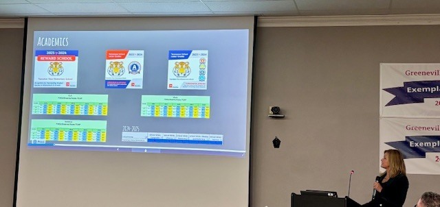 The image displays a projected screen with a presentation slide titled "ACADEMICS." Below the title, three images of official-looking certificates or awards are featured, each with a colorful header and an emblem or logo. To the right of the projection, a woman with blonde hair, dressed in dark clothing, stands at a black podium with a microphone, engaging with the screen or audience. 