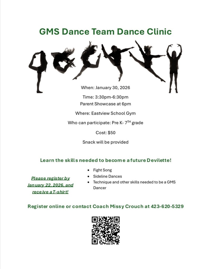 A flyer for the GMS Dance Team Dance Clinic. At the top, there is a row of six black silhouettes of dancers in various poses against a white background. Below, the text provides event details:  Title: GMS Dance Team Dance Clinic Date: January 30, 2026 Time: 3:30 pm – 6:30 pm (Parent Showcase at 6 pm) Location: Eastview School Gym Participants: Pre-K through 7th grade