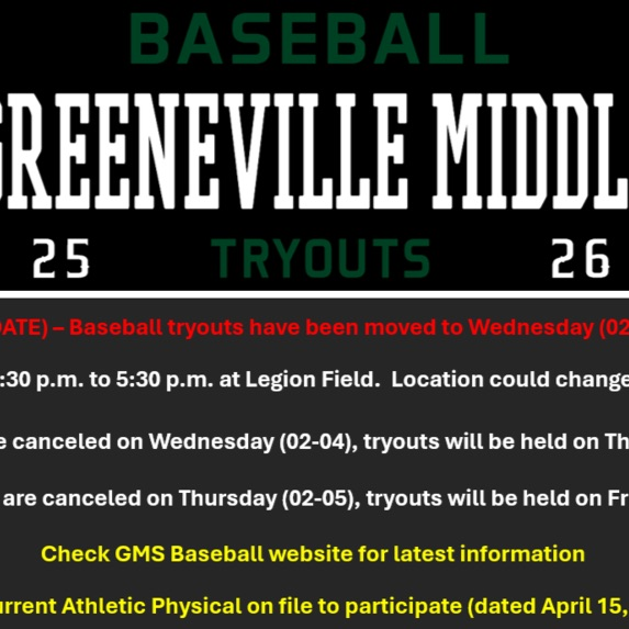 A promotional graphic for Greeneville Middle School baseball tryouts. The top section has large green and white text reading “BASEBALL GREENEVILLE MIDDLE TRYOUTS” with the numbers 25 and 26 on either side. Below, a red update note states that tryouts have been moved to Wednesday, February 4. Additional details list the time (3:30–5:30 p.m.) at Legion Field, with a note that the location may change. Bullet points explain the backup dates if tryouts are canceled due to weather. A line in bright green encourages checking the GMS Baseball website for updates, and a yellow line at the bottom notes that a current athletic physical dated April 15, 2025, or later is required. On the right side, there is a grayscale image showing the lower half of a baseball player holding a bat.