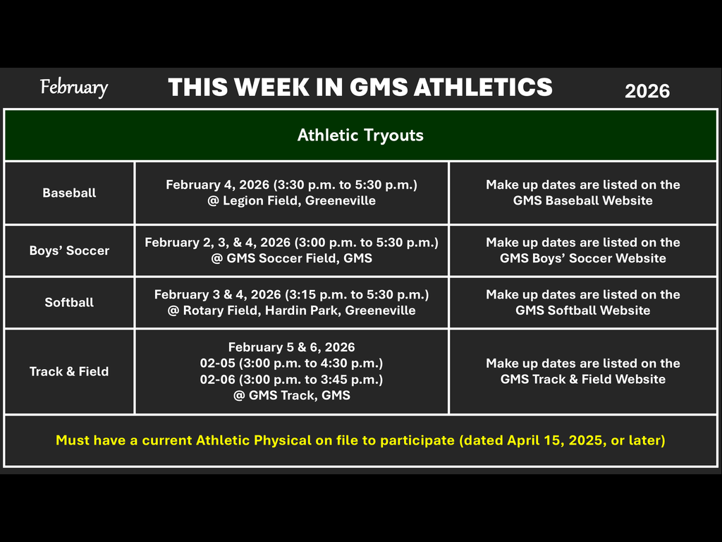 A graphic titled “This Week in GMS Athletics – February 2026.” It shows a table listing athletic tryouts for baseball, boys’ soccer, softball, and track and field. Each row includes dates, times, and locations of tryouts, along with notes stating that makeup dates are available on the respective sport websites. A footer notes that students must have a current athletic physical dated April 15, 2025, or later.