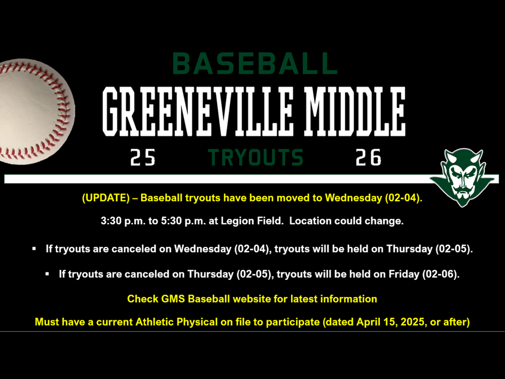 A graphic announcing Greeneville Middle School baseball tryouts. It features a baseball image on the left and the Greeneville Middle mascot on the right. The text states: “Baseball Tryouts – Update: Baseball tryouts have been moved to Wednesday (02-04), 3:30 to 5:30 p.m. at Legion Field. Location could change.” Additional notes explain that if tryouts are canceled Wednesday, they move to Thursday, and if canceled Thursday, they move to Friday. A reminder says to check the GMS Baseball website for updates and that students must have a current athletic physical dated April 15, 2025, or after.