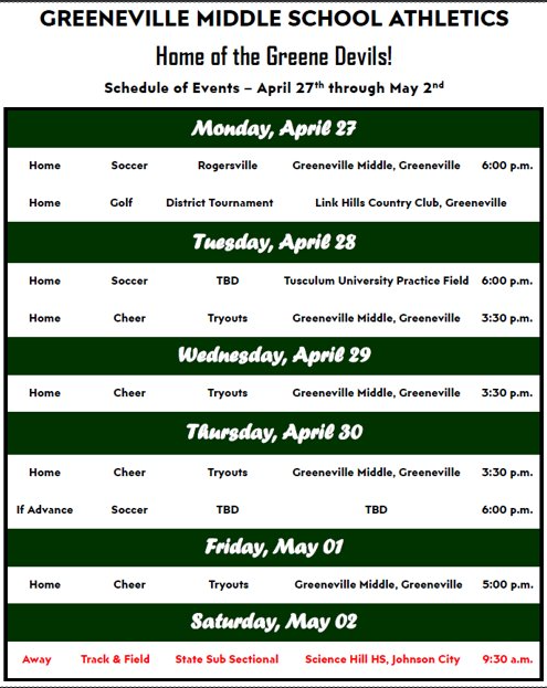 Graphic titled “Greenville Middle School Athletics – Home of the Greene Devils!” showing a Schedule of Events from April 27 through May 2. Events listed by day include home soccer versus Rogersville on April 27 at 6:00 p.m.; golf district tournament; soccer and cheer tryouts April 28–30; cheer tryouts continuing through May 1; and an away Track & Field State Sub-Sectional on Saturday, May 2 at Science Hill High School in Johnson City at 9:30 a.m. The design uses green, white, and black school colors.