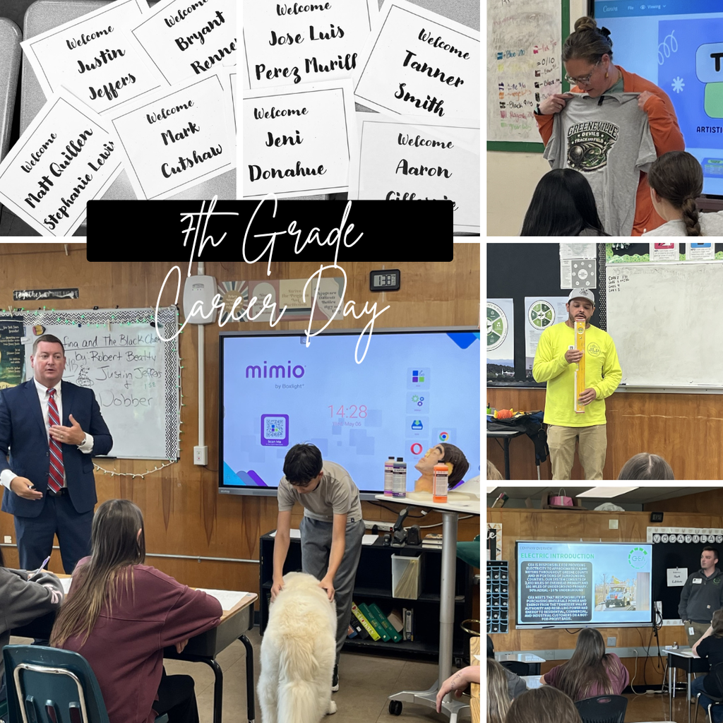 A collage of classroom moments from a “7th Grade Career Day,” featuring printed welcome name cards for visitors, multiple guest speakers presenting at the front of classrooms, and students seated at desks listening. A digital display board and classroom whiteboards are visible, and one student interacts with a large white dog during a demonstration. Overlaid text reads “7th Grade Career Day.”