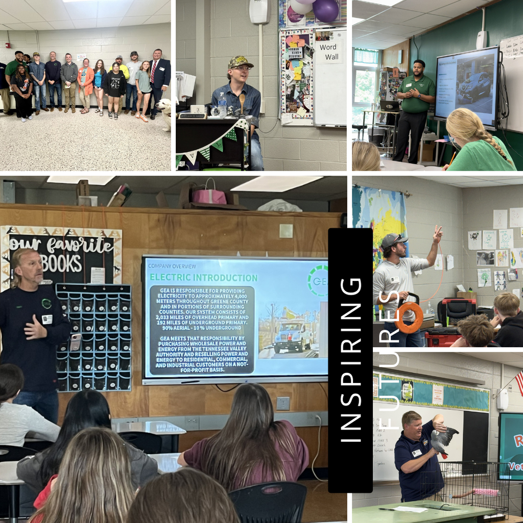 A collage showing guest speakers and students during classroom career presentations. Scenes include a group photo with visitors and students, speakers presenting beside digital screens with slides about careers (including an electric company), and hands-on demonstrations such as equipment use and an animal presentation. Overlaid vertical text reads “INSPIRING FUTURES.”