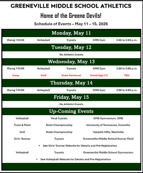 **Alt description:**  A green and white flyer titled “Greeneville Middle School Athletics – Home of the Greene Devils!” displays a schedule of events for May 11–15, 2026. Each day is separated by bold green headers.  *   **Monday, May 11:** Rising 7th/8th grade volleyball tryouts in the GMS gym from 3:00 to 5:00 p.m. *   **Tuesday, May 12:** No athletic events. *   **Wednesday, May 13:** Rising 7th/8th grade volleyball tryouts in the GMS gym from 3:00 to 5:00 p.m.; additional listings include golf (away, state sectional at Dandridge Country Club, time TBD). *   **Thursday, May 14:** Rising 7th/8th grade volleyball tryouts in the GMS gym from 3:00 to 5:00 p.m. *   **Friday, May 15:** No athletic events.  An “Up-Coming Events” section lists:  *   Volleyball final tryouts (GMS Gymnasium) *   Track & Field state championship (University of Tennessee, Knoxville) *   Golf state championship (Harpet Hills, Nashville) *   Girls’ soccer tryouts (Greeneville Middle School soccer field) *   Volleyball tryouts (GMS Gymnasium)  Additional notes direct readers to sport-specific websites for details and pre-registration.