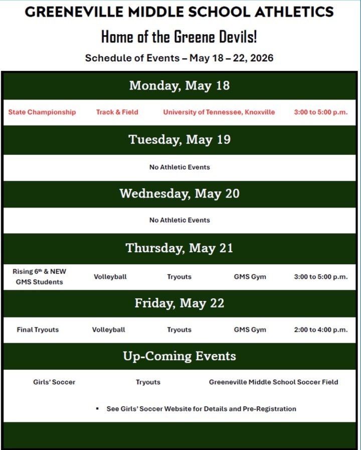 Greeneville Middle School athletics schedule for May 18–22, 2026. Monday shows TSSAA state track and field championship at University of Tennessee Knoxville from 3:00 to 5:00 p.m. Tuesday and Wednesday list no athletic events. Thursday shows volleyball tryouts for rising 6th grade and new students at GMS Gym from 3:00 to 5:00 p.m. Friday lists final volleyball tryouts from 2:00 to 4:00 p.m. Upcoming events include girls soccer tryouts with a note to see the soccer website for details and pre-registration.