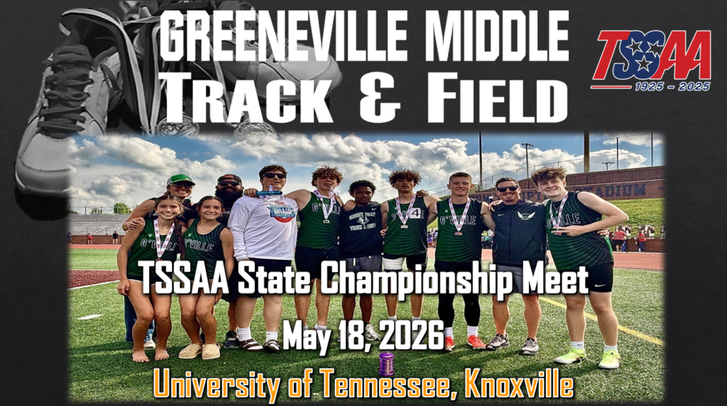 Greeneville Middle School track and field team posing on a track with medals at the TSSAA State Championship Meet, May 18, 2026 at University of Tennessee Knoxville