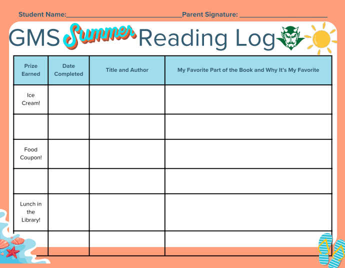 A colorful “GMS Summer Reading Log” worksheet with a beach-themed design. At the top are spaces for “Student Name” and “Parent Signature.” Below is a table with four columns labeled “Prize Earned,” “Date Completed,” “Title and Author,” and “My Favorite Part of the Book and Why It’s My Favorite.” Several blank rows are provided for entries. Some example prizes listed in the first column include “Ice Cream!,” “Food Coupon!,” and “Lunch in the Library!” The page is decorated with summer elements like a sun, ocean waves, seashells, a starfish, and flip-flops.