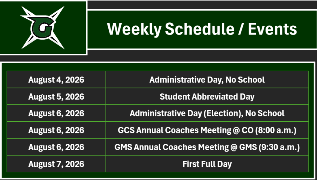 Greeneville Middle School Athletics weekly schedule and events graphic with the Greene Devils logo and green, black, and white school colors. The schedule lists: August 4, 2026, Administrative Day, No School; August 5, 2026, Student Abbreviated Day; August 6, 2026, Administrative Day (Election), No School; August 6, 2026, GCS Annual Coaches Meeting at Central Office at 8:00 a.m.; August 6, 2026, GMS Annual Coaches Meeting at Greeneville Middle School at 9:30 a.m.; and August 7, 2026, First Full Day. The header reads “Weekly Schedule / Events.”