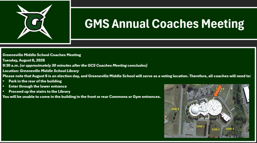 Greeneville Middle School Athletics graphic promoting the GMS Annual Coaches Meeting. The graphic features the Greene Devils logo and the title “GMS Annual Coaches Meeting.” Meeting details include: Thursday, August 6, 2026, at 9:30 a.m. (or approximately 30 minutes after the GCS Coaches Meeting concludes) in the Greeneville Middle School Library. Additional information notes that August 6 is an election day and Greeneville Middle School will serve as a voting location. Coaches are instructed to park in the rear of the building, enter through the lower entrance, and proceed upstairs to the library. Coaches will not be able to enter through the front or rear Commons or Gym entrances. A campus aerial map with an arrow marking the entrance location is displayed on the right side of the graphic. The design uses dark green, black, and white school colors.