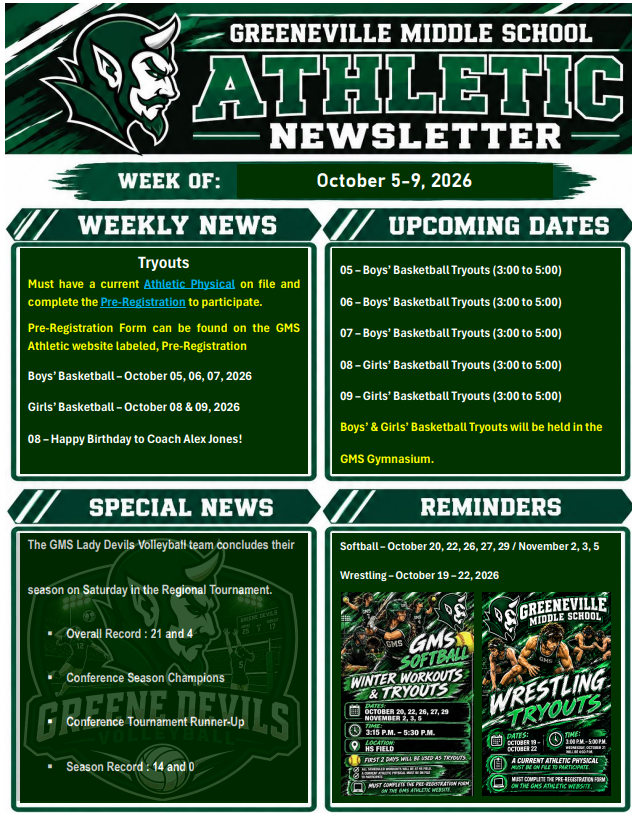 Athletic newsletter for Greeneville Middle School, titled “Athletic Newsletter” for the week of October 5-9, 2026. The flyer uses the school colors of green, black, and white and features the school mascot logo at the top. The layout is divided into four sections: Weekly News, Upcoming Dates, Special News, and Reminders.  Weekly News  Tryouts  Students must have a current athletic physical on file and complete the pre-registration form to participate. The pre-registration form can be found on the GMS Athletic website under “Pre-Registration.” Boys’ Basketball tryouts: October 5, 6, and 7, 2026. Girls’ Basketball tryouts: October 8 and 9, 2026. October 8: Happy Birthday to Coach Alex Jones. Upcoming Dates October 5: Boys’ Basketball Tryouts (3:00 to 5:00) October 6: Boys’ Basketball Tryouts (3:00 to 5:00) October 7: Boys’ Basketball Tryouts (3:00 to 5:00) October 8: Girls’ Basketball Tryouts (3:00 to 5:00) October 9: Girls’ Basketball Tryouts (3:00 to 5:00) Boys’ and Girls’ Basketball Tryouts will be held in the GMS Gymnasium. Special News  Announcement recognizing the GMS Lady Devils Volleyball team for completing its season in the Regional Tournament.  Overall Record: 21 wins and 4 losses Conference Season Champions Conference Tournament Runner-Up Season Record: 14 wins and 0 losses  A faded volleyball-themed Greene Devils graphic appears in the background of this section.  Reminders Softball Winter Workouts and Tryouts: October 20, 22, 26, 27, 29 November 2, 3, 5 Wrestling Tryouts: October 19-22, 2026  Small promotional images for the softball and wrestling events are displayed at the bottom of the section.  Visual Elements Greeneville Middle School mascot logo centered at the top. Four-panel newsletter layout with bold white and green headings. Sports-themed graphics and textured green background throughout. Designed to provide athletic announcements, schedules, achievements, and upcoming events for student athletes and families.