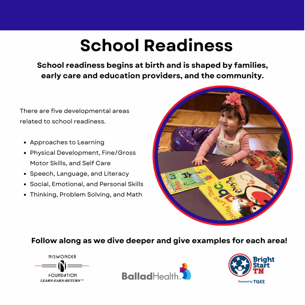 school readiness begins at birth and is shaped by families, early care and education providers, and the community. there are five developmental areas related to school readiness: approaches to learning, physical development, fine/gross motor skills, and self care. speech, language, and and literacy. social, emotional, and personal skills. thinking, problem solving, and math. follow along as we dive deeper and give examples for each area!