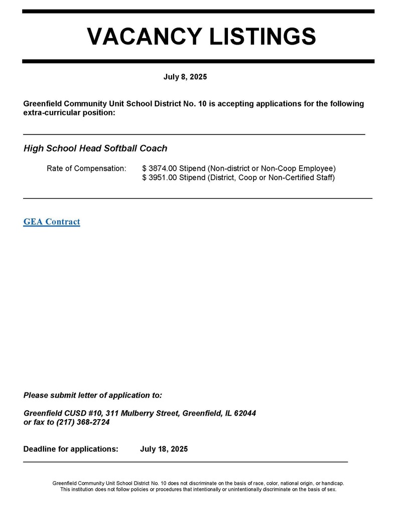 Vacancy - High School Head Softball Coach