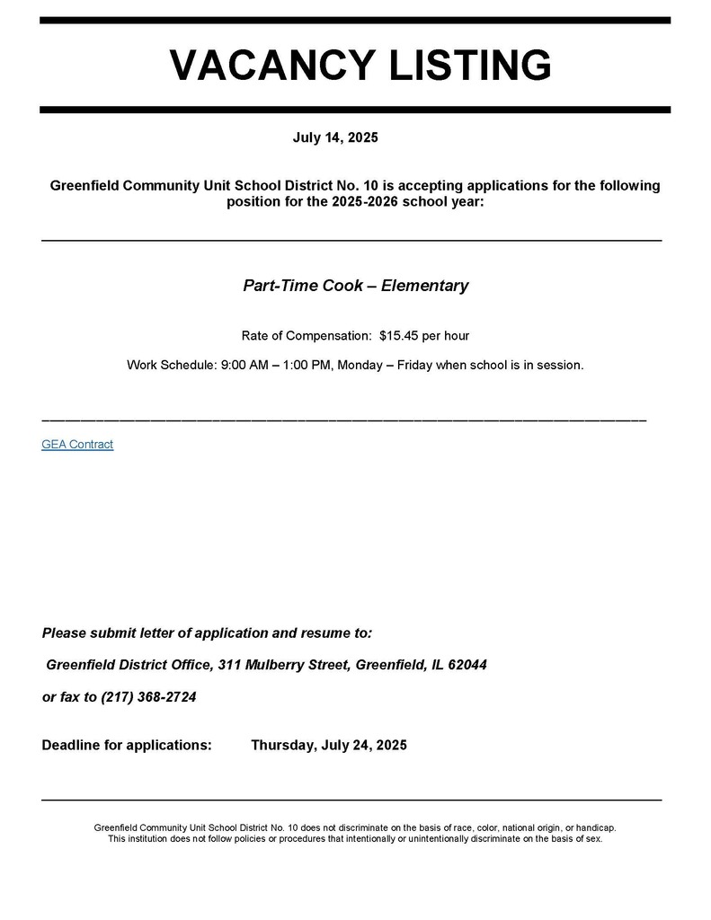Vacancy-Part Time Cook