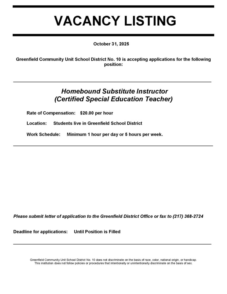 Vacancy - Homebound Substitute Teacher