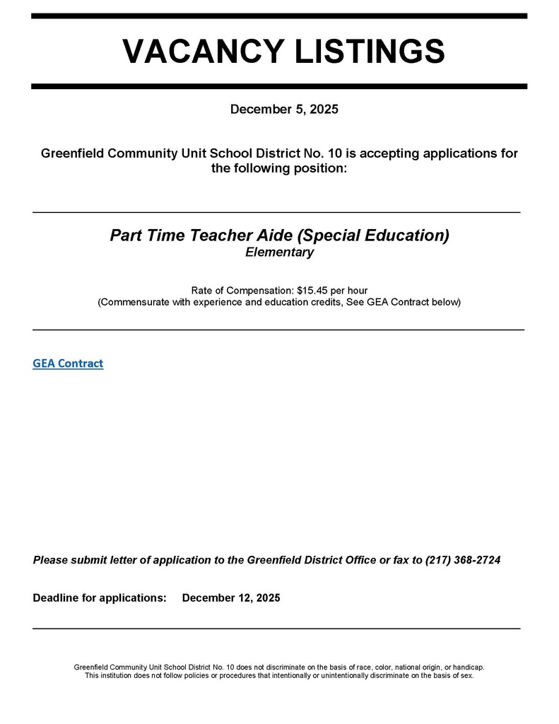Vacancy- Teacher Aide