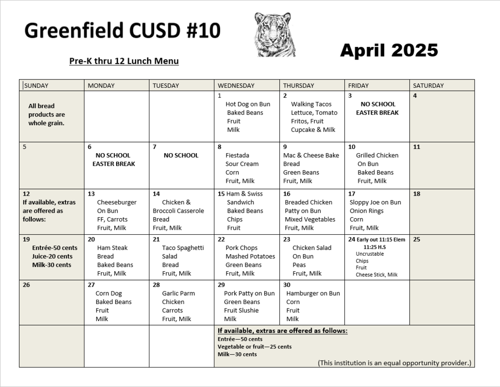 April 2026 Lunch Menu