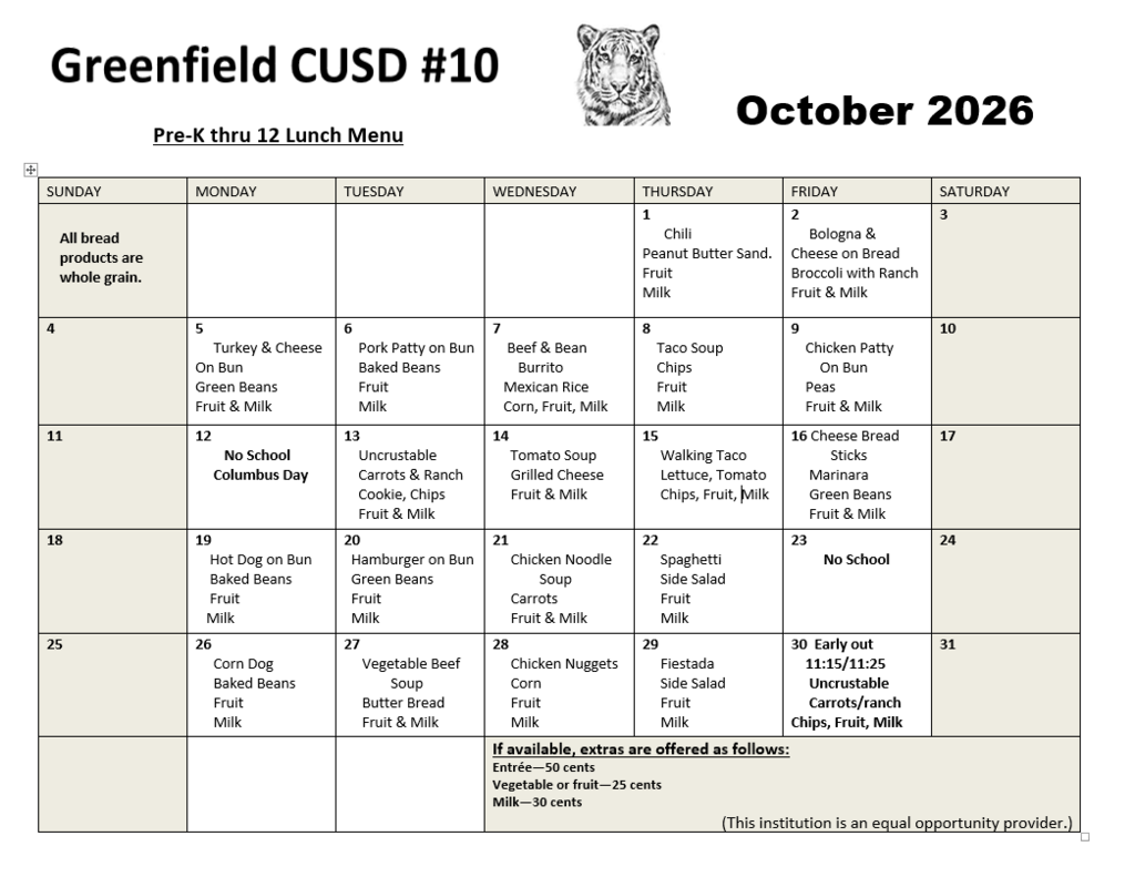 October Lunch Menu