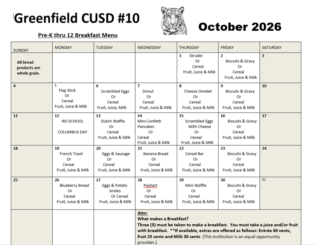 October Breakfast Menu