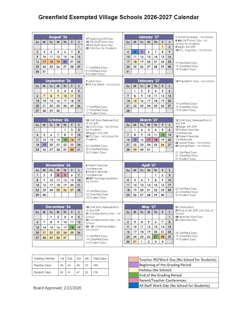 2026-2027 School Calendar