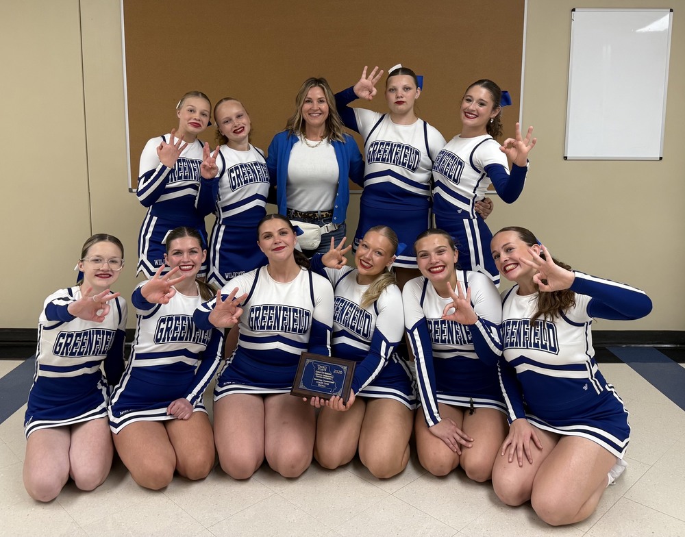 Greenfield Cheer Team holding up 3