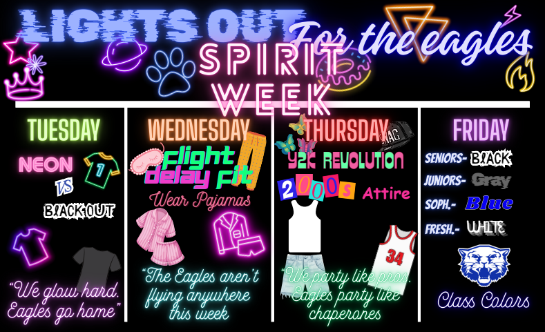 Spirit Week - Lights Out for the Eagles - Tuesday, Neon vs Blackout, "We glow hard, Eagles go home;" Wednesday, Flight Delay Fit, Wear Pajamas, "The Eagles aren't flying anywhere this week;" Thursday, Y2K Revolution, 2000s Attire, "We party like pros, Eagles party like chaperones;" Friday, Class Colors, Seniors - Black, Juniors - Gray, Sophomores - Blue, Freshman - White