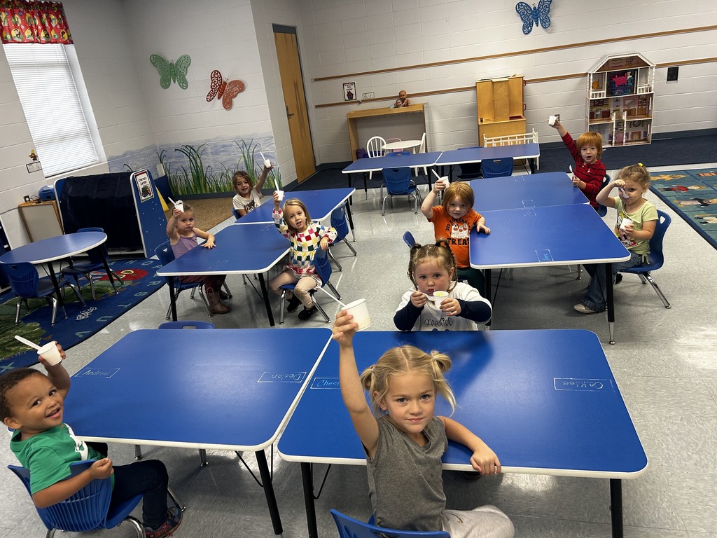 Pre-K students with their tapioca pudding in Music class