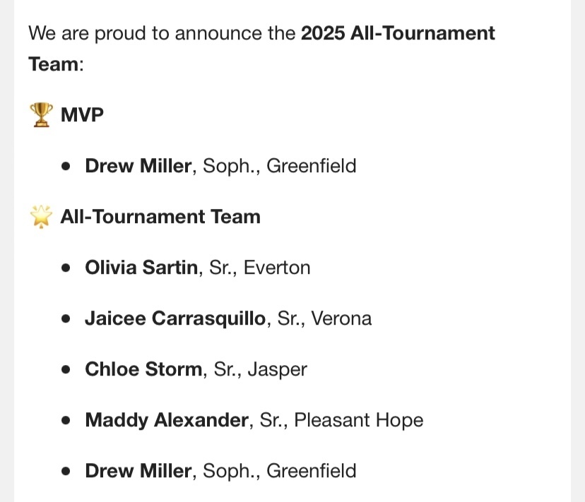 image of text: We are proud to announce the 2025 All-Tournament Team: (emoji of a trophy) MVP - Drew Miller, Soph., Greenfield; emoji of a shining star) All-Tournament Team - Olivia Sartin, Sr., Everton - Jaicee Carrasquillo, Sr., Verona - Chloe Storm. Sr., Jasper - Maddy Alexander, Sr., Pleasant Hope - Drew Miller, Soph., Greenfield