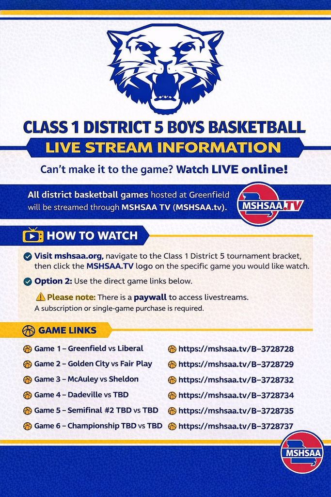 If you are unable to make it, here is information on how to watch the Class 1 District 5 boys games hosted at Greenfield!