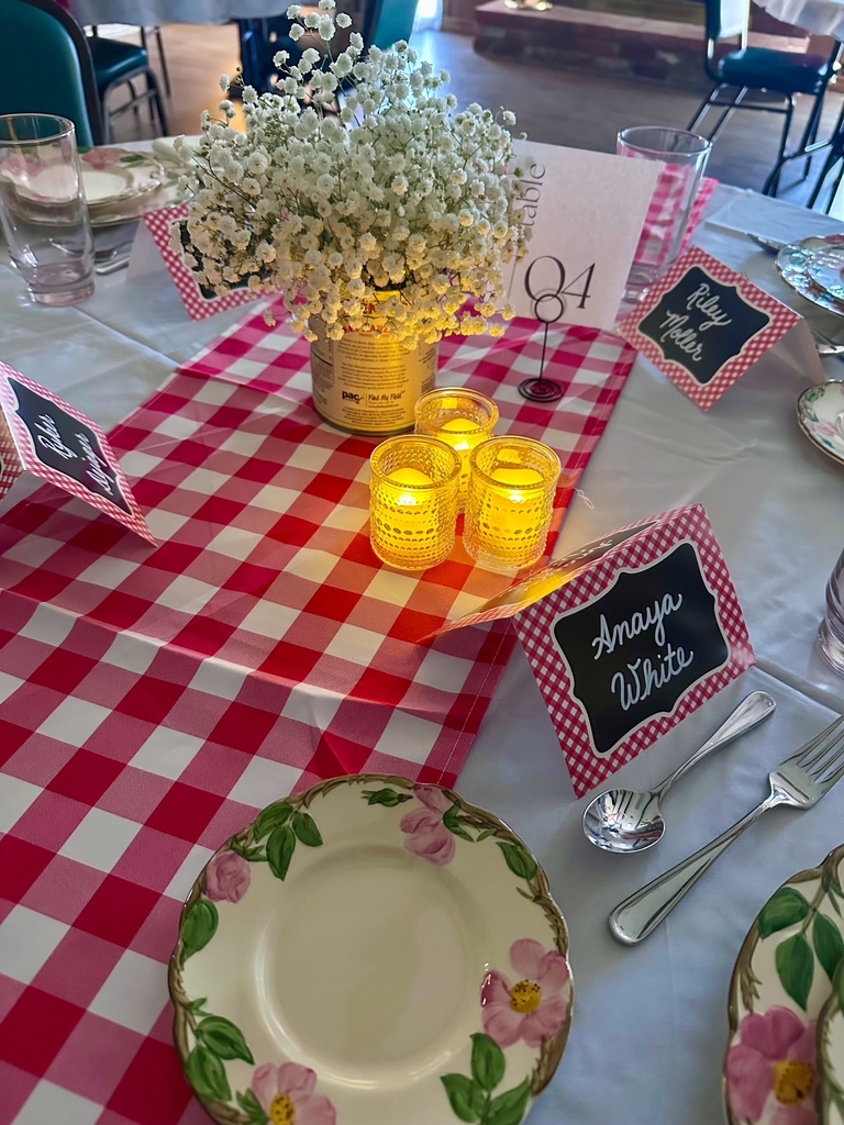 Image of table settings on white tablecloth with red checkered table runner, 3 tea light candles and flowers in the middle; flowered plates and place cards with names are also featured