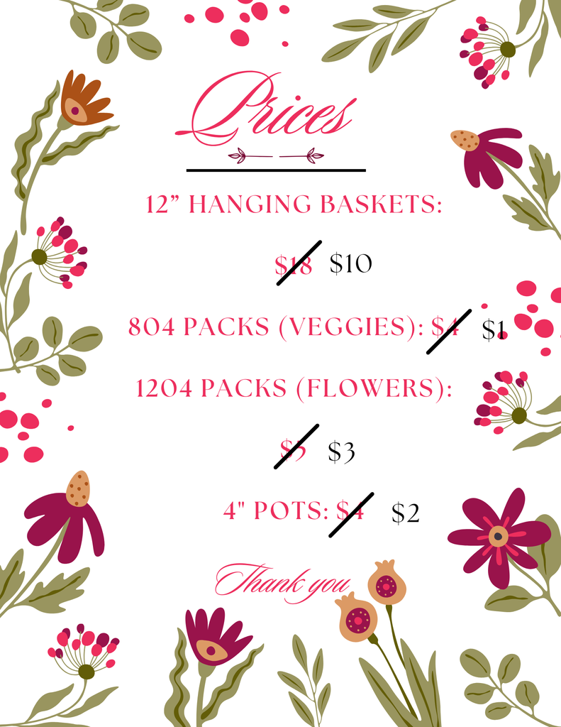 Image of flyer, text reads: Prices 12" Hanging Baskets: strikethrough $18, $10 804 Packs (Veggies): strikethrough $4, $1 1204 Packs (flowers): strikethrough $5, $3 4" pots: strikethrough $4, $2 Thank You