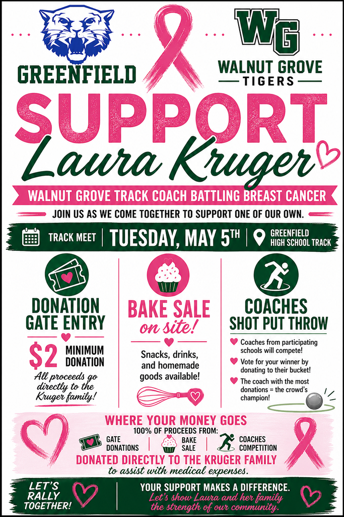 Please contact the school about the Laura Kruger fundraiser to be held at the track meet on 5/5.