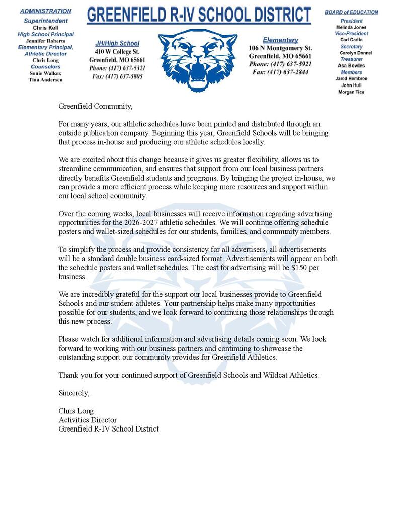 Please see the following announcement about the  printing and advertisements for the 2026-27 athletic schedules. 