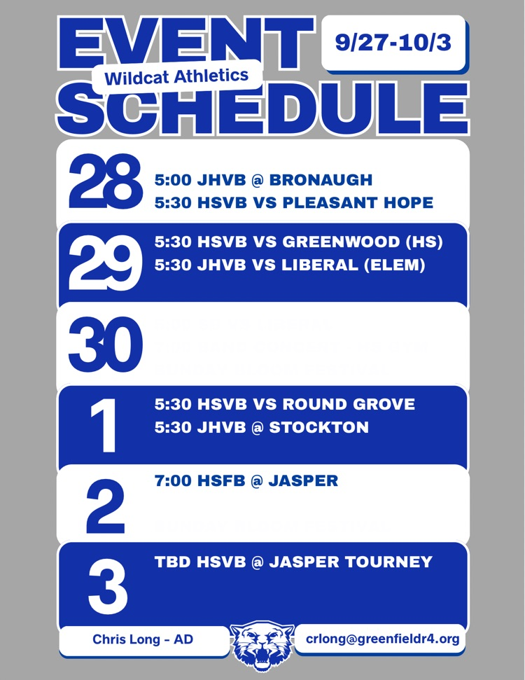 Here are your events for this week. As of this moment, we don't have officials for Thursday's VB game. The assigners are looking for officials for multiple games, not just ours. This one may end up being moved. Updates will be posted here. 