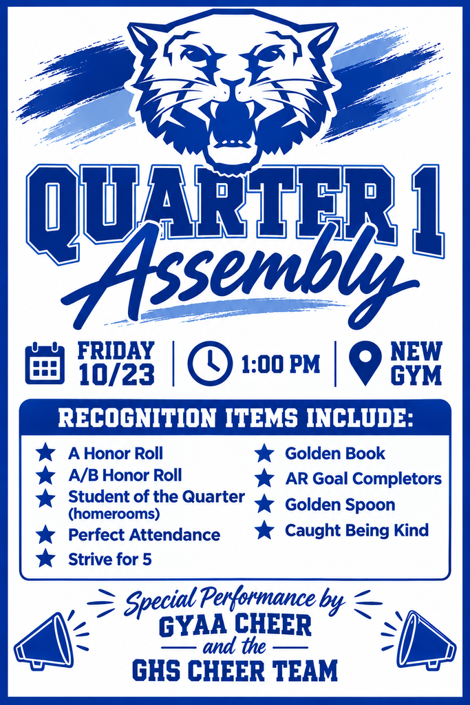 Our Q1 assembly will be on Friday, 10/23 at 1:00 in the new gym. Please join us for all the awesome accomplishments we will celebrate with our students! See flyer for more info.