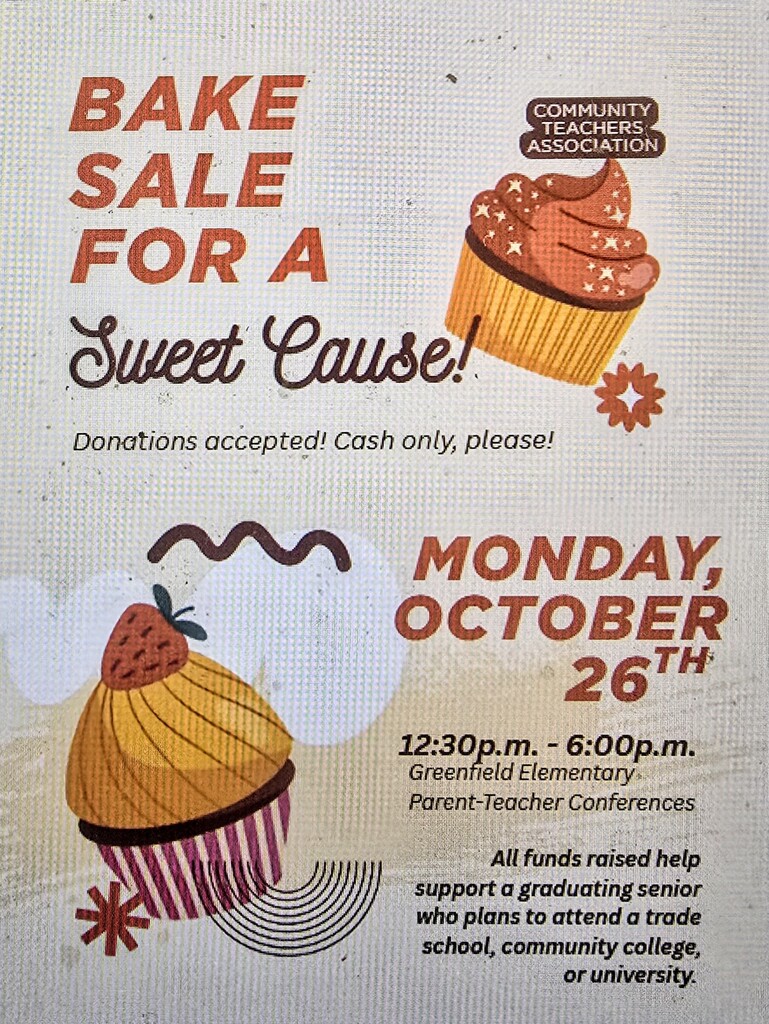 Bake Sale Monday October 26Th 12:30 -6:00
