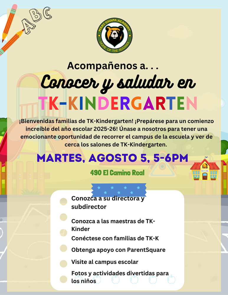 MCA TK & Kindergarten Meet & Greet! 🎒✨🐻 Tuesday, August 5th, 5-6pm 🏫 💛