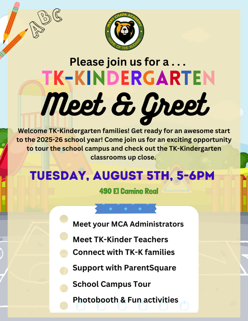 MCA TK & Kindergarten Meet & Greet! 🎒✨🐻  Tuesday, August 5th, 5-6pm 🏫 💛