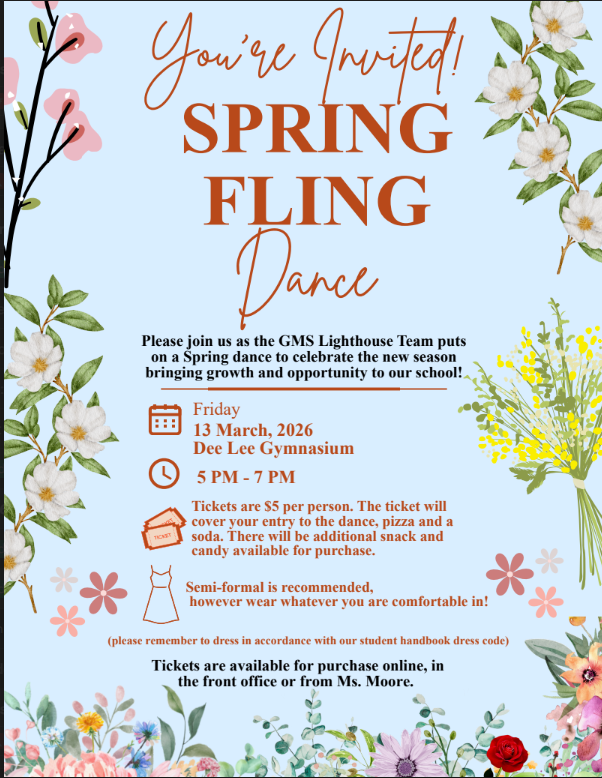 gms spring fling, $5 tickets, march 13 5-7, dee lee gym, semi-formal