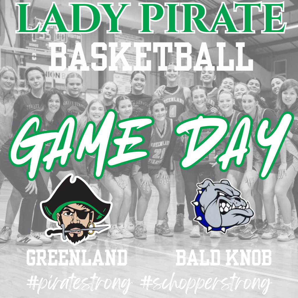 lady pirate basketball greenland vs baldknob, pirate mascot and bulldog mascot with team picture
