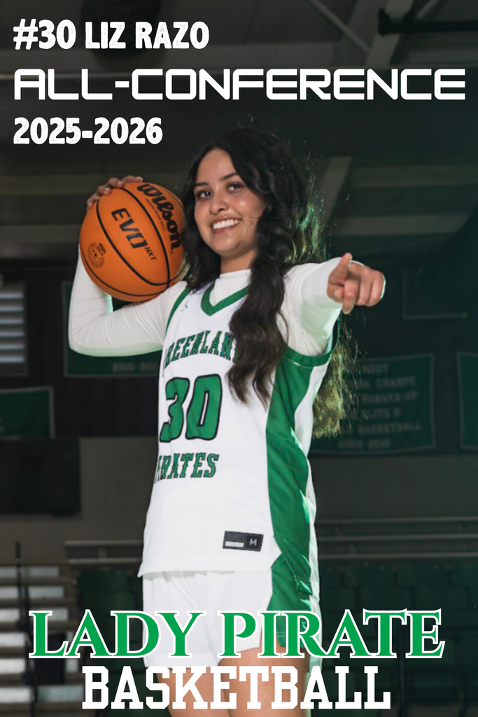 liz razo all conference lady pirate basketball with her photo