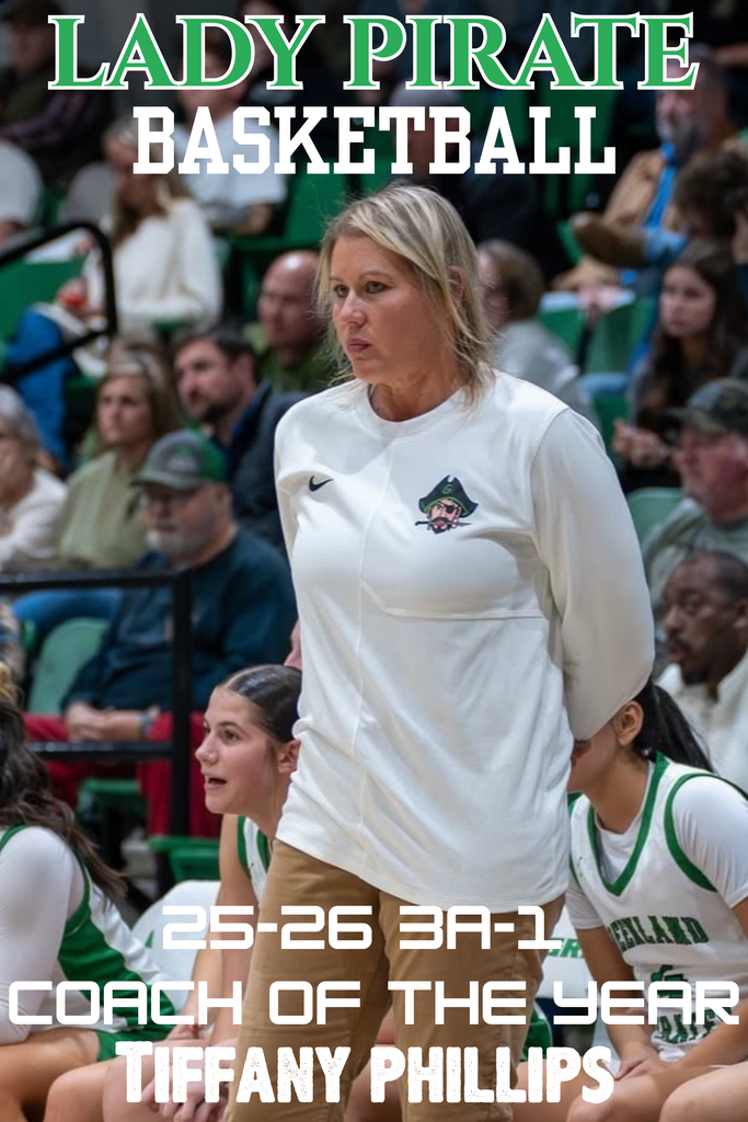 lady pirate basketball 25-26 3a-1 coach of the year tiffany phillips with her photo and spectators in background