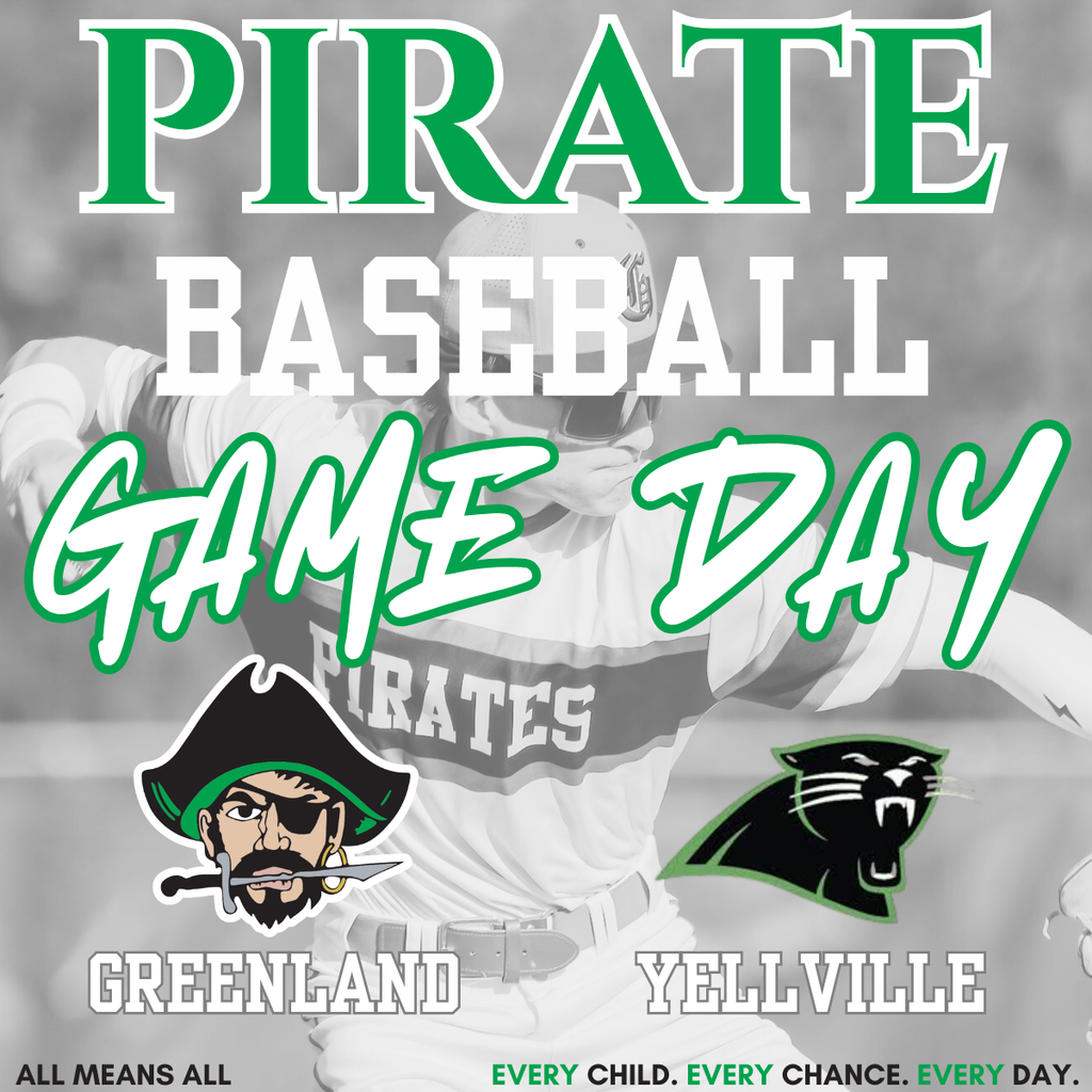 pirate baseball, greenland with pirate mascot, yellville with panther mascot and a baseball player in background