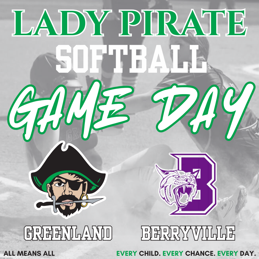 lady pirate softball greenland with pirate mascot, berryville with bobcat mascot and player in background