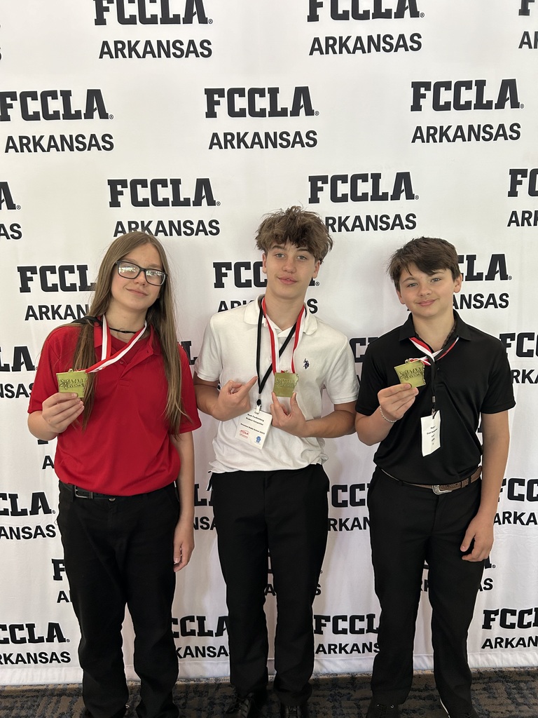three students posing in front of the fccla banner