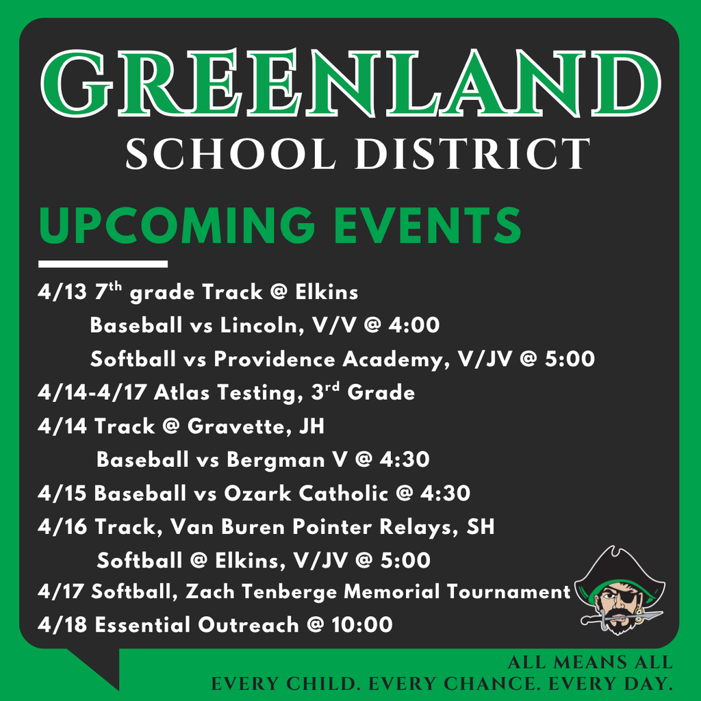  greenland school district upcoming events 4/13 7th grade Track @ Elkins         Baseball vs Lincoln, V/V @ 4:00         Softball vs Providence Academy, V/JV @ 5:00 4/14-4/17 Atlas Testing, 3rd Grade 4/14 Track @ Gravette, JH          Baseball vs Bergman V @ 4:30  4/15 Baseball vs Ozark Catholic @ 4:30 4/16 Track, Van Buren Pointer Relays, SH          Softball @ Elkins, V/JV @ 5:00  4/17 Softball, Zach Tenberge Memorial Tournament 4/18 Essential Outreach @ 10:00