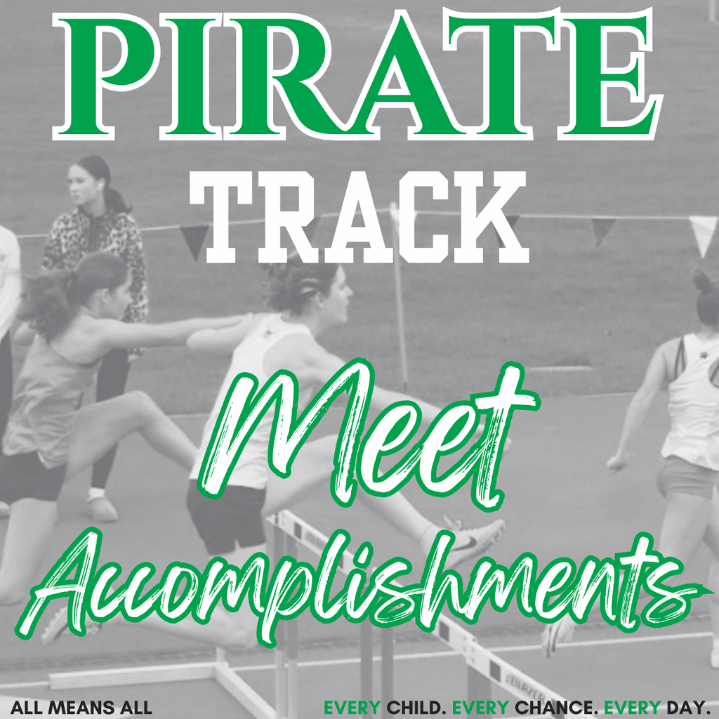 pirate track meet accomplishments with hurdler photo in background