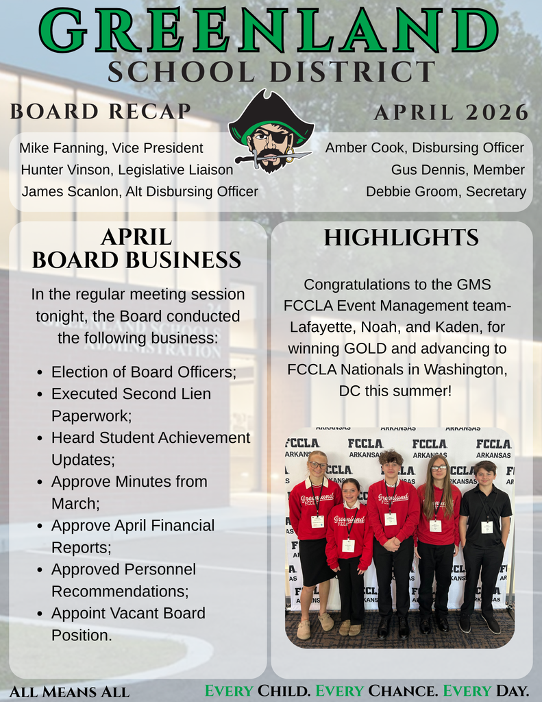 Mike Fanning, Vice President Hunter Vinson, Legislative Liaison Amber Cook, Disbursing Officer James Scanlon, Alt Disbursing Officer Debbie Groom, Secretary Gus Dennis, Member  Mike Fanning, Vice President Hunter Vinson, Legislative Liaison Amber Cook, Disbursing Officer James Scanlon, Alt Disbursing Officer Debbie Groom, Secretary Gus Dennis, Memberapril BOARD BUSINESS In the regular meeting session tonight, the Board conducted the following business:  Election of Board Officers; Executed Second Lien Paperwork; Heard Student Achievement Updates; Approve Minutes from March;  Approve April Financial Reports; Approved Personnel Recommendations; Appoint Vacant Board Position. HIGHLIGHTS Congratulations to the GMS FCCLA Event Management team- Lafayette, Noah, and Kaden, for winning GOLD and advancing to FCCLA Nationals in Washington, DC this summer! with five students in photo standing in front of fccla banner