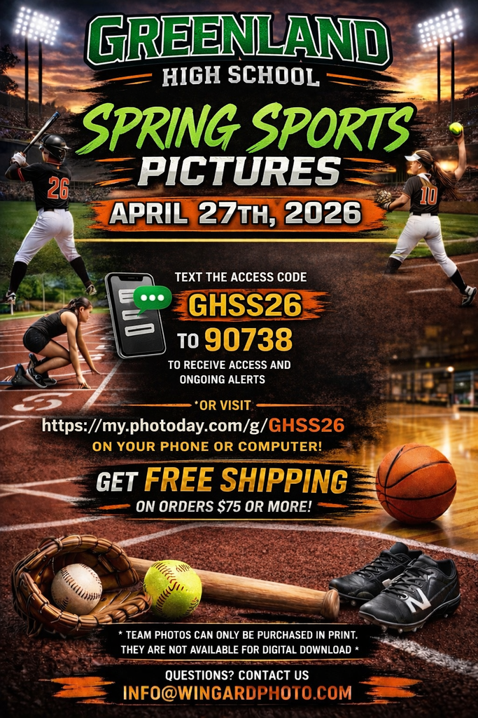 greenland high school spring sports pictures april 27 text access code ghss26 t0 90738 or visit my.phototday.com/g/ghss26